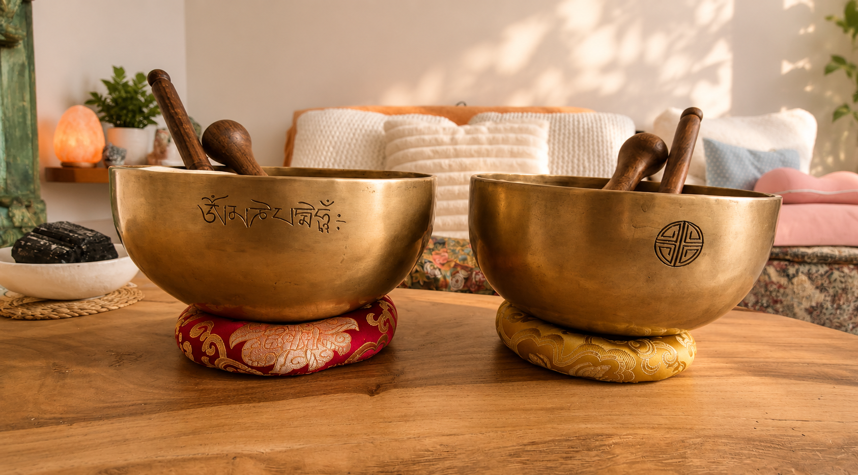 Michelle holding a Tibetan singing bowl during a sound healing session