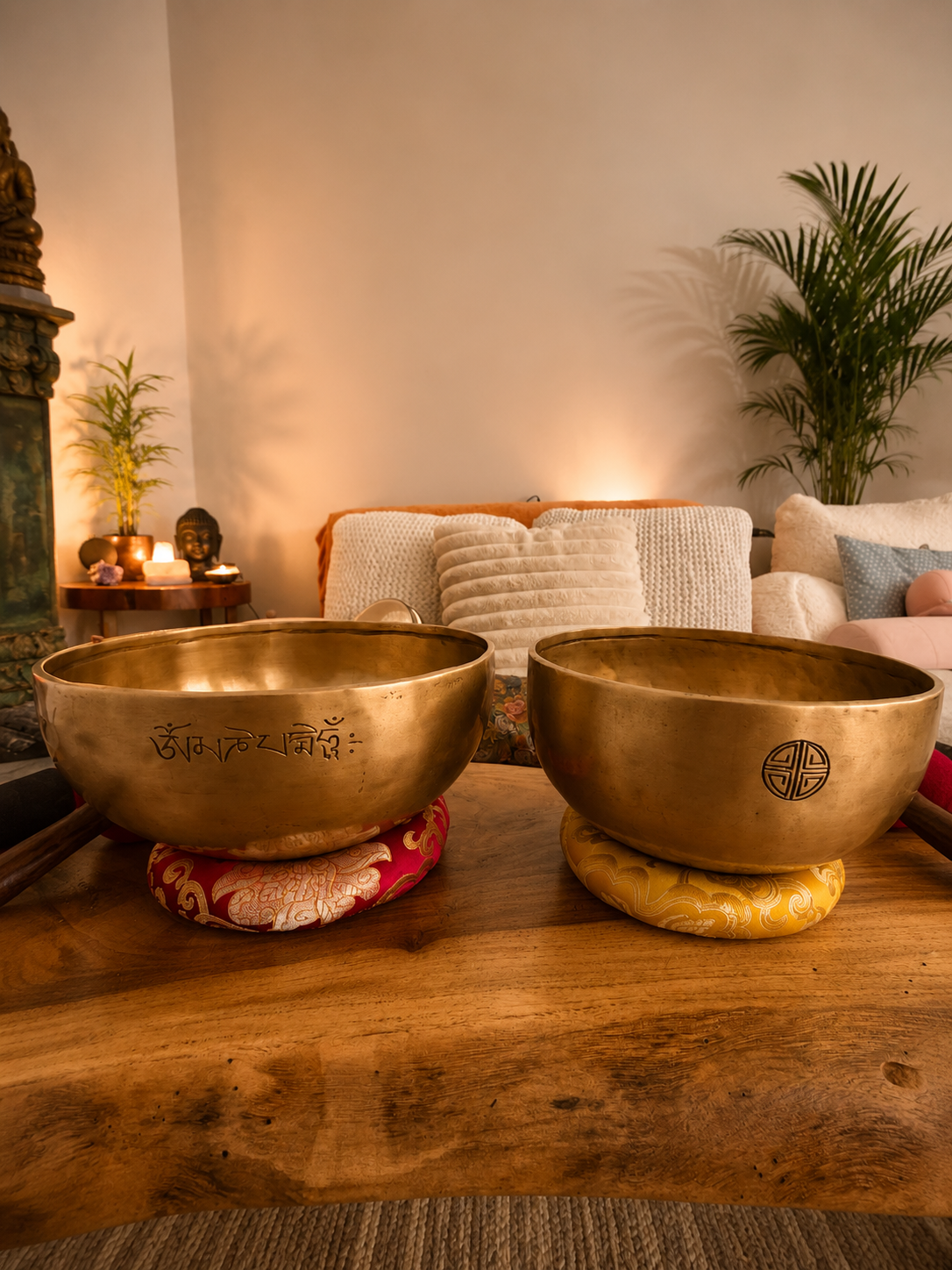 Handcrafted Tibetan singing bowls on the altar table